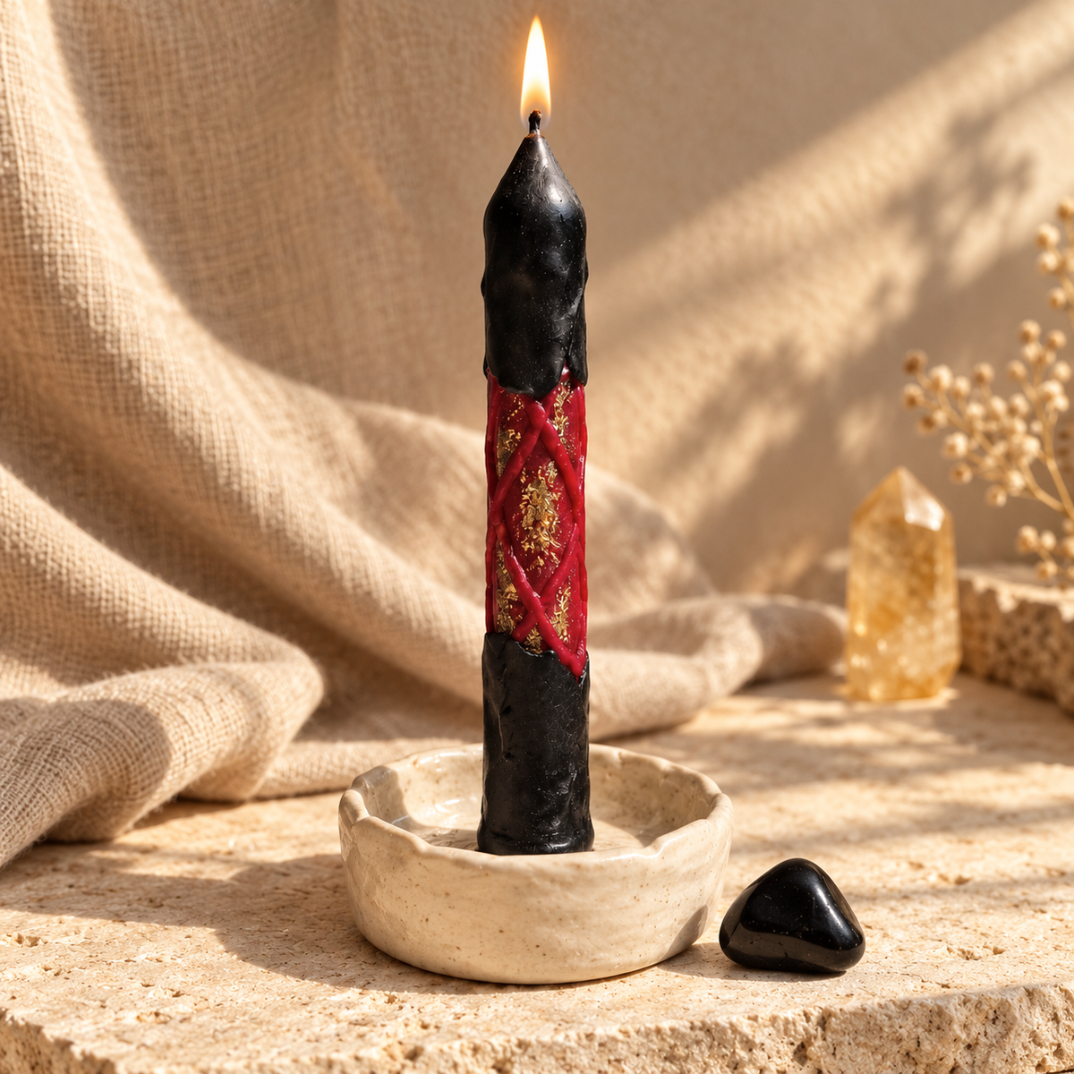 Fiery Wall Protection Candle & Jet Crystal Set