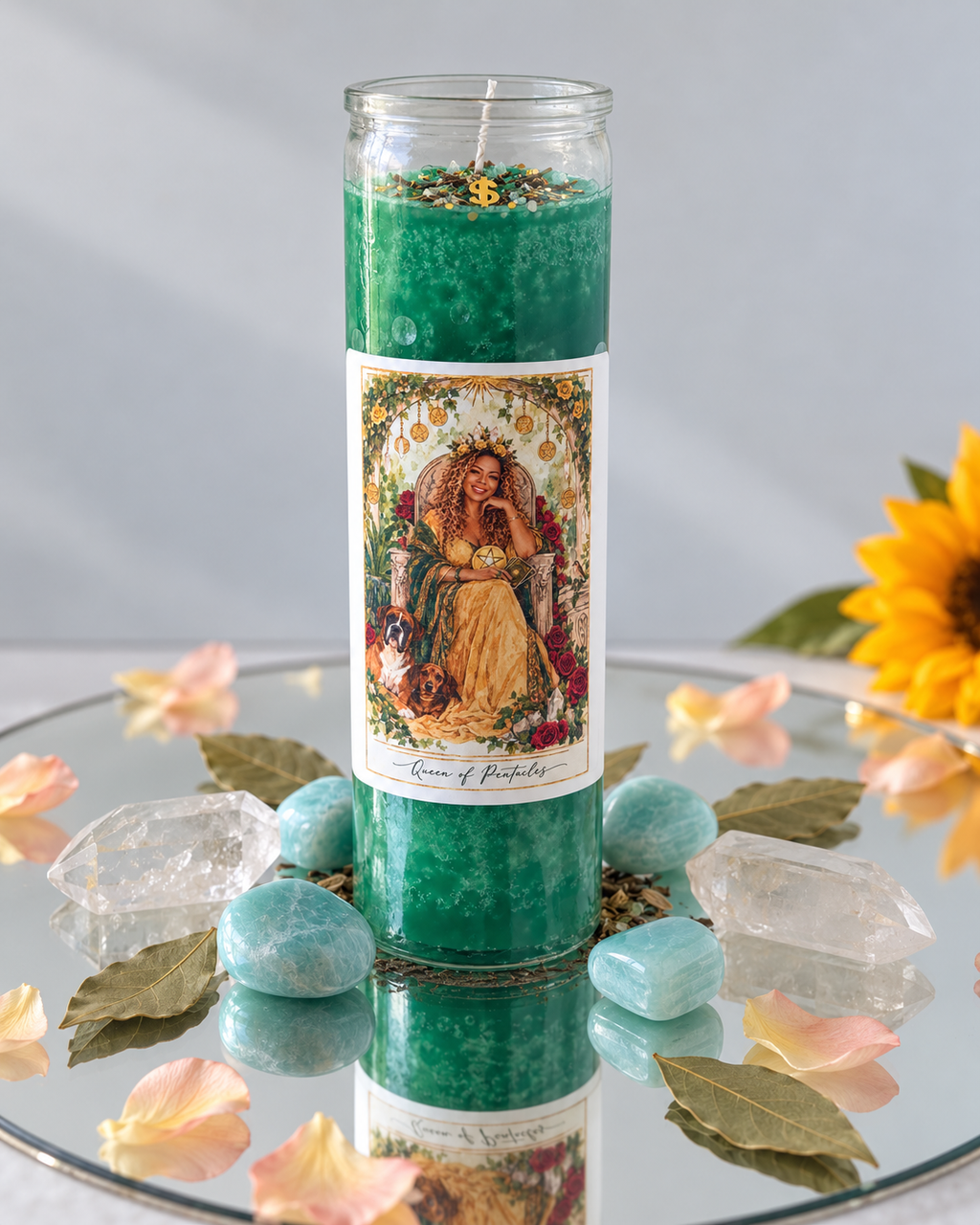 The Arcana Flame personalized Queen of Pentacles ritual candle with crystal grid