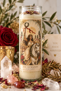 The Arcana Flame ritual set featuring a feminine Six of Wands tarot candle with crystals and herbs