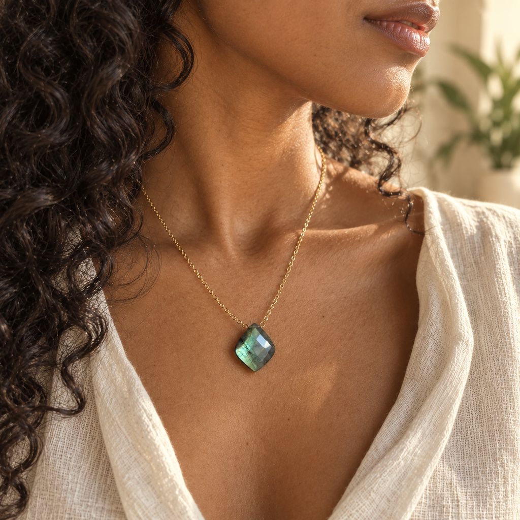Labradorite Petal Necklace in a sunlit three-quarter lifestyle view