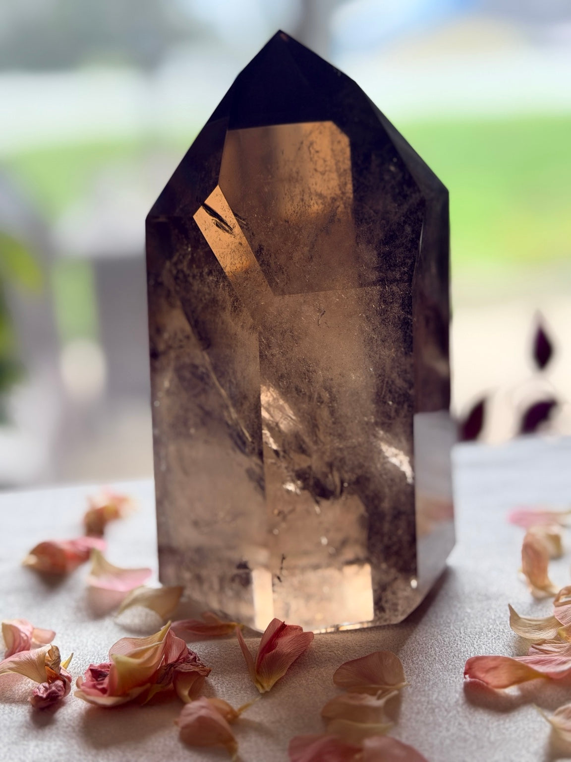 Smoky Quartz collector tower with internal rainbows